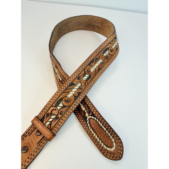 Tony Lama Accessories - Tooled Leather Vintage Belt Tony Lama Western Cowboy 30" Rope Accent Design